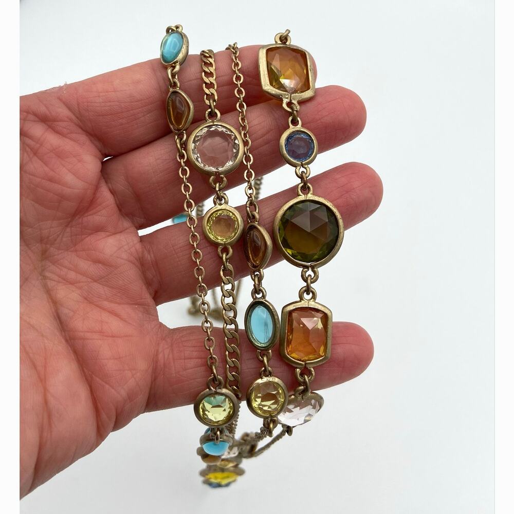 Talbots Double Strand Open Bezel Station Necklace Multi Color Gold Tone Long 33"